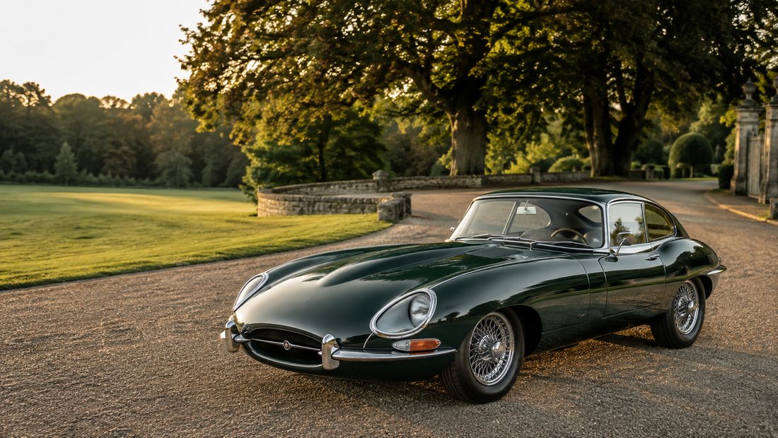 A dark green Jaguar E-Type on a country driveway