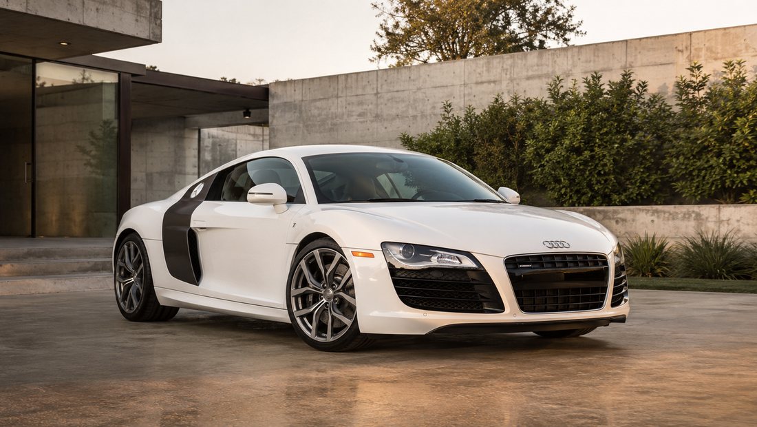 A white Audi R8 outside a concrete house