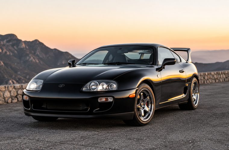 A black Toyota Supra in the mountains at sunset